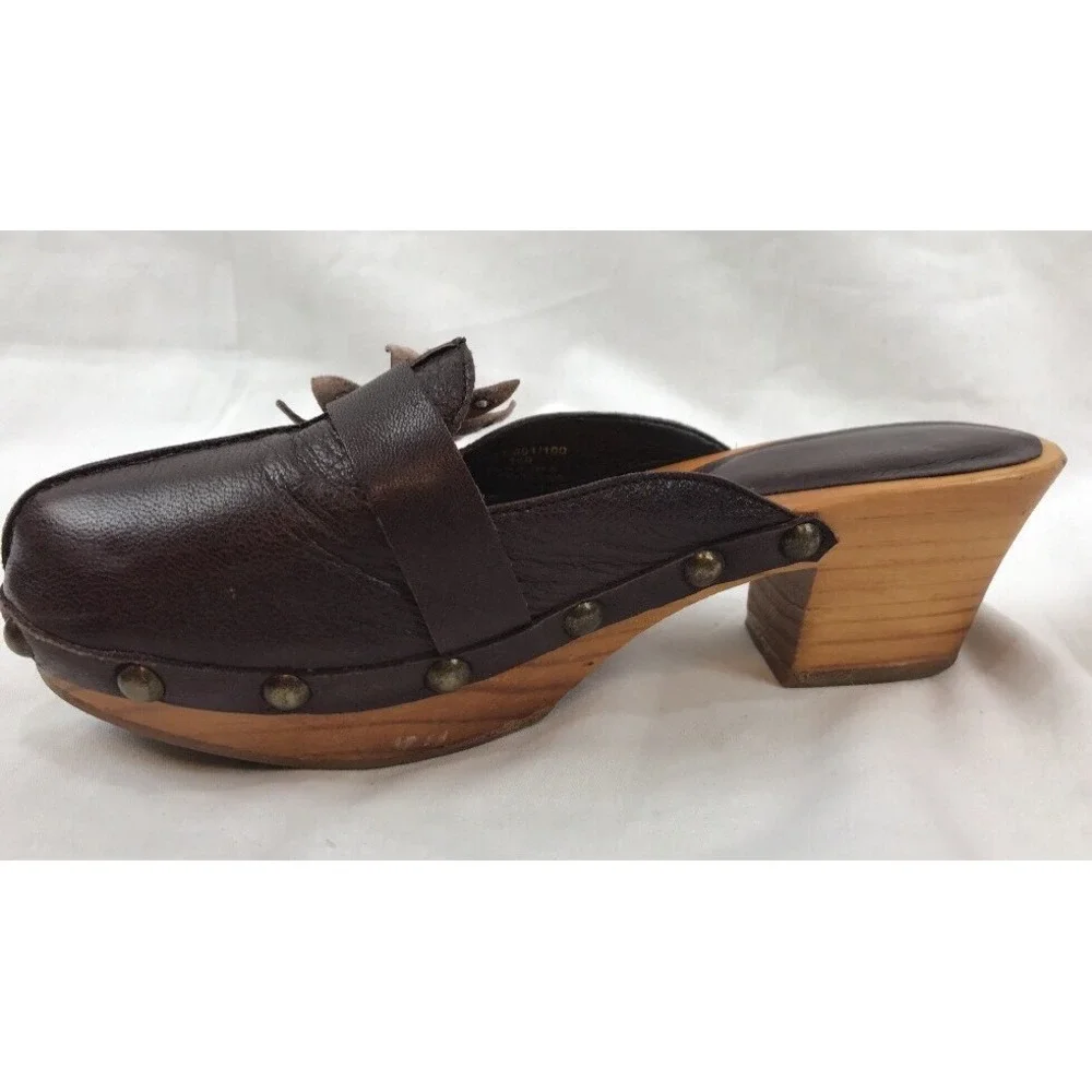 Zara Wood Sole Slide Mules 5.5-6 36 Sandals Brown Leather Shoes Flower Toe Spain - Picture 7 of 11